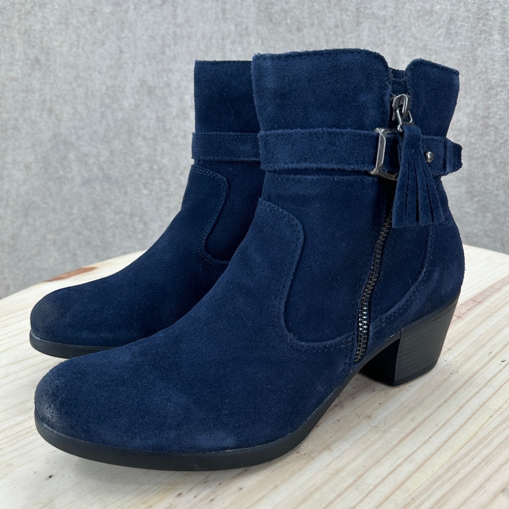 NEW Earth Origins Tori Navy Blue Suede Ankle Boots 9.5 Tassel Booties Block Heel - Picture 2 of 12